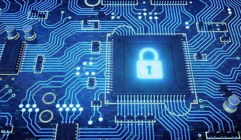 Cloud Ransomware Protection for SMBs: Cybersecurity Hardware A glowing lock icon on a computer chip, symbolizing cloud ransomware protection for SMBs through secure hardware encryption.